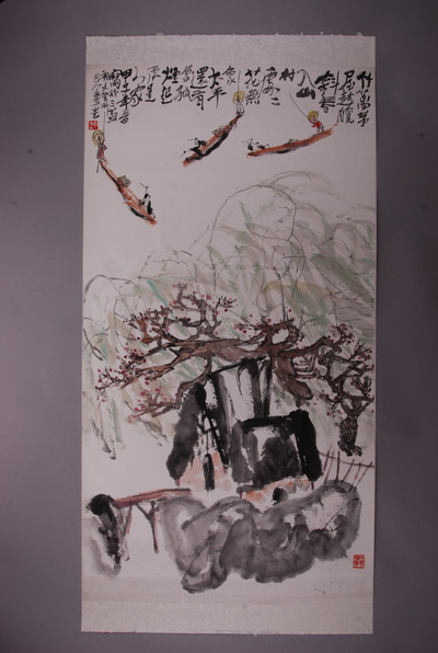 现代李华生春入山村处处花图条幅