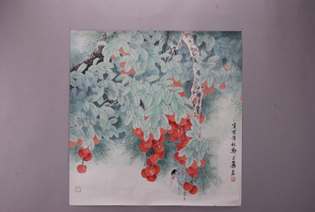 现代郑文岩红荔图斗方
