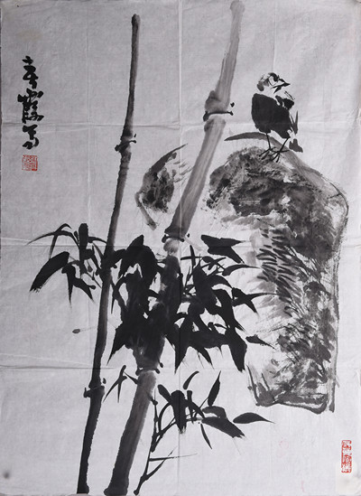 现代李春霞竹鸟图条幅