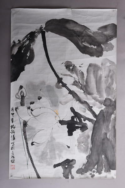 现代杨铭仪荷花图条幅