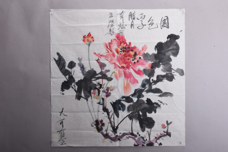 现代杨奇蛟牡丹图斗方