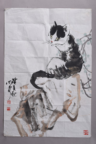 现代周明安猫图条幅